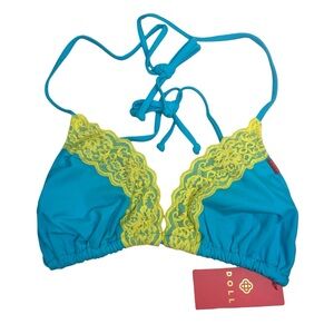 Doll Swimwear Lanai Aqua & Yellow Edge Lace Triangle Bikini Top- Large
